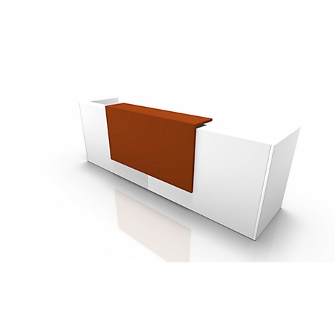 A modern reception desk, white with a brown accent.