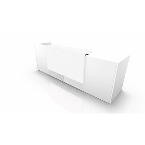 White reception desk with minimalist design against a white background.