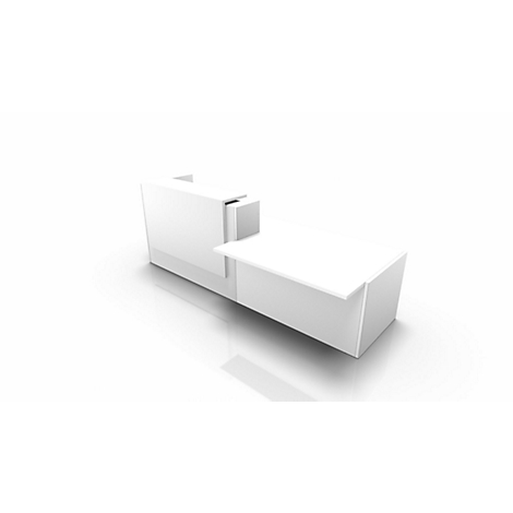 A white reception desk on a white background. It has a modern, angular shape and looks minimalistic.