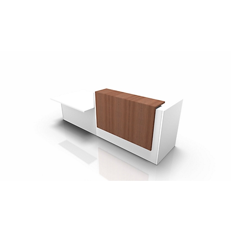 White reception desk with brown wooden front.