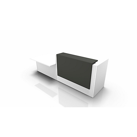 White reception desk with black front, against a white background.