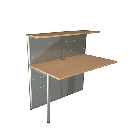 A modern desk with gray panels, a light wood top, and a shelf.