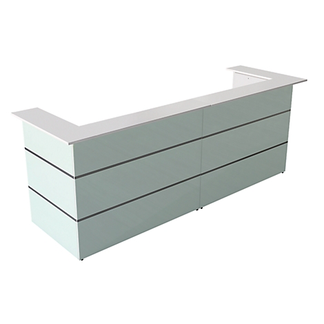 Light gray reception desk with white shelves and gray accents. Three horizontal compartments. Angular shape.