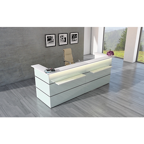 Modern white reception desk, a chair and three pictures behind it. In the background is a window with a view.