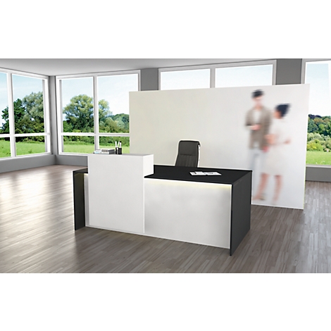 Modern reception desk in white and black. Blurred people in the background.