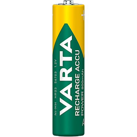 A Varta AA battery. Yellow-green colour scheme with the inscription VARTA RECHARGE ACCU.