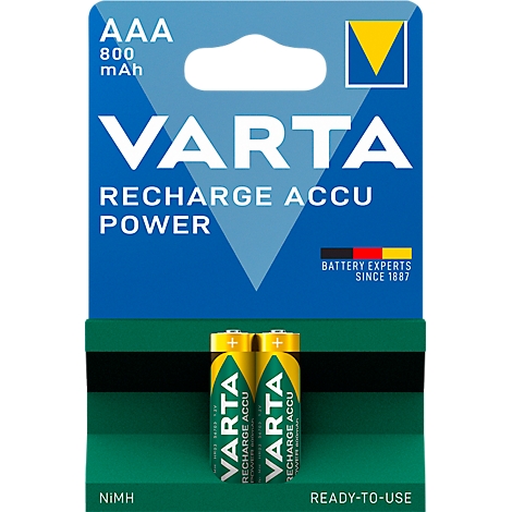 Two yellow-green VARTA rechargeable batteries with packaging. Inscription: VARTA Recharge Accu Power.