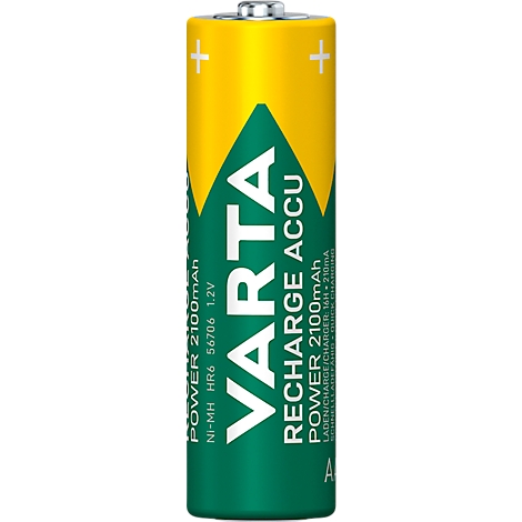 A green and yellow Varta Recharge Accu battery with text. The battery says "Varta Recharge Accu" and "Power 2100mAh".