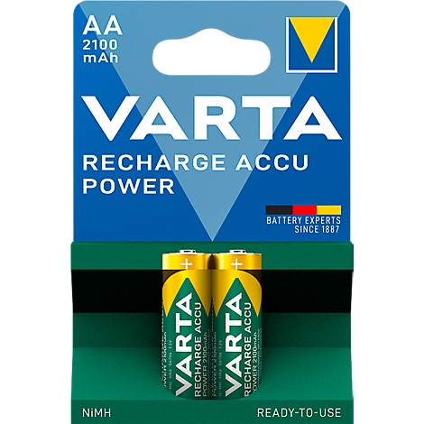 Two Varta AA batteries. Blue packaging with white lettering, yellow batteries.