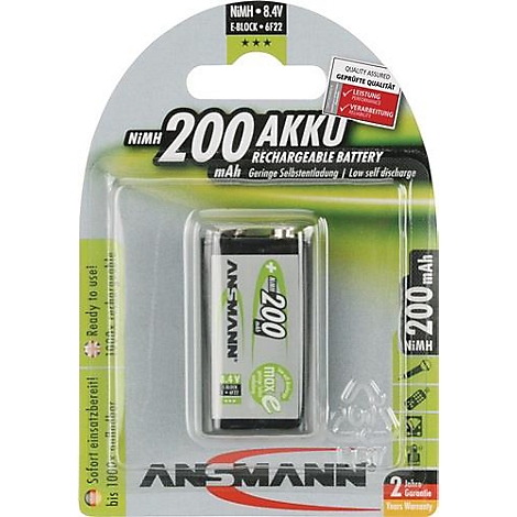 Rechargeable cell maxE 8,4 V 200 mAh 9V E-Block HR9V 1 1pcs/blister ANSMANN