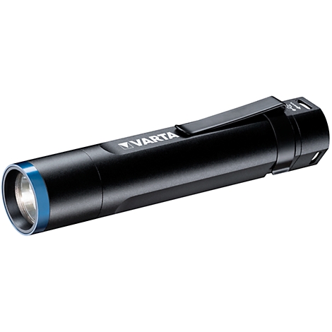 Black flashlight with VARTA logo and blue ring on the head. It has a clip and an on/off switch.