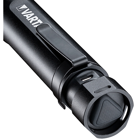 Close-up of a black flashlight with a clip. The word VARTA is visible.