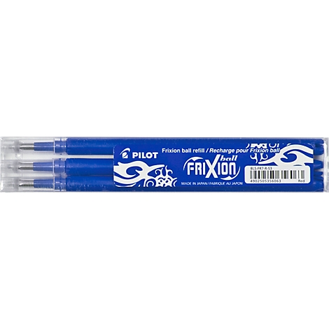 Paquet transparent contenant trois recharges de stylos Pilot FriXion bleus. Le mot FriXion est clairement visible.