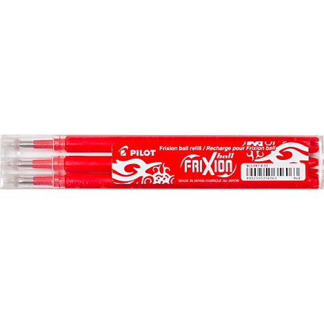 Trois recharges de stylos à bille rouges dans un emballage transparent. Imprimé : Pilot Frixion, et du texte.