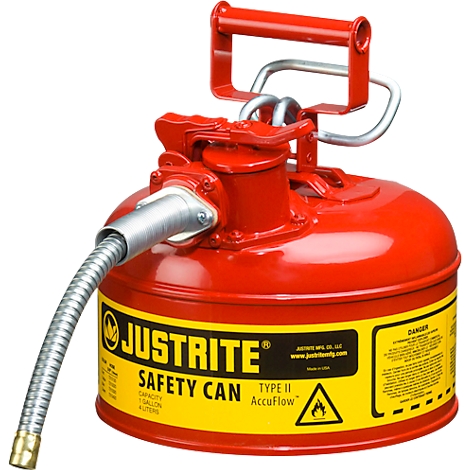 Bidon de sécurité rouge avec étiquette jaune. La poignée est en acier, le bec est flexible.