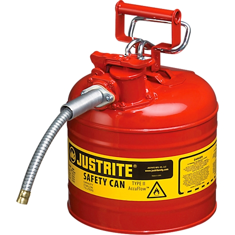 Bidon de sécurité Justrite rouge avec étiquette jaune et bec verseur métallique.
