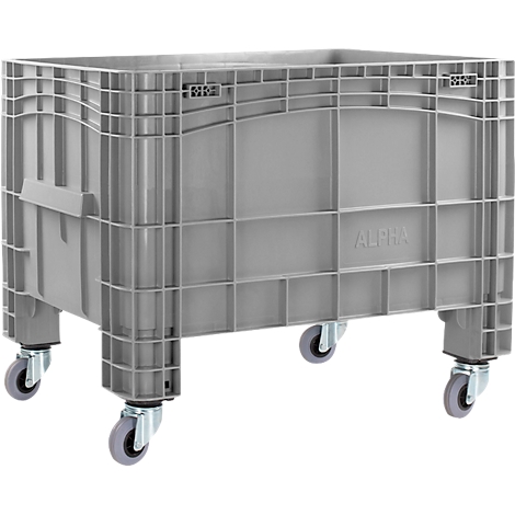Caja de plástico gris con ruedas, la inscripción ALPHA es visible.