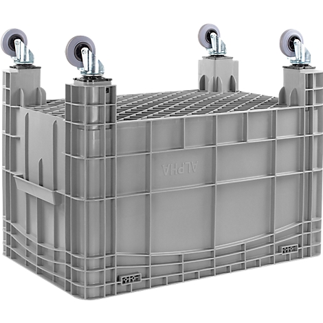 Caja de plástico gris con ruedas, se ve la inscripción ALPHA.