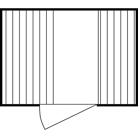 Vista superior: Representación simplificada de una puerta doble. Las puertas consisten en líneas verticales, que están delimitadas por un marco negro.