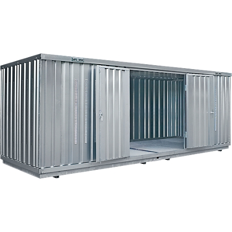 Caja de herramientas de metal gris con puertas correderas abiertas.