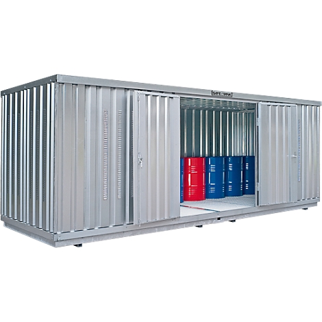 Contenedor de metal con puertas correderas abiertas. Dentro hay barriles rojos y azules. En el exterior pone "SAFE LINE".