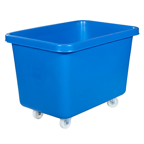 Blue transport box on wheels. Rectangular shape with rounded edges. Four wheels.
