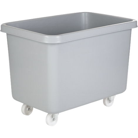 Grey transport box on wheels. Rectangular shape with rounded corners and a slightly raised edge.