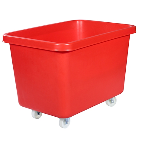 Red plastic box with wheels on a white background.