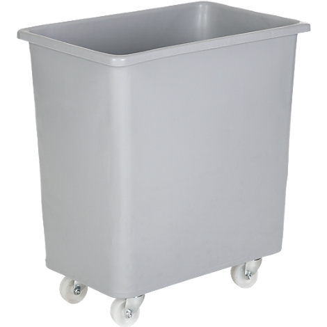Gray, rectangular transport box with wheels. Top edge with a small border. Box stands on four small wheels.