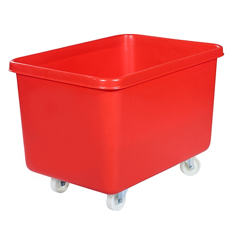 Red plastic box on wheels, rectangular, for storage and transport.