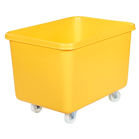 Yellow rectangular transport box with wheels, against white background.
