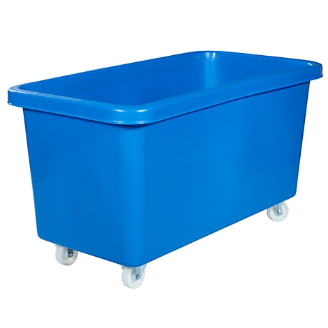 Blue plastic tub on wheels, rectangular, with edge.