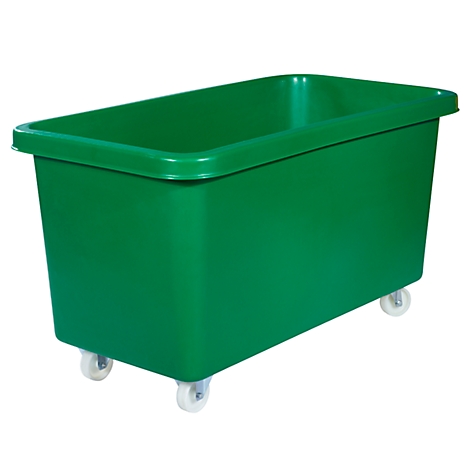 Green plastic tub with wheels. Open at the top, rectangular shape. On a white background.
