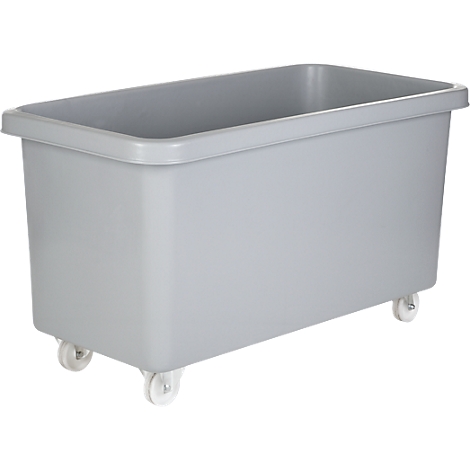 Gray rectangular tub on wheels. The tub has rounded corners and a raised edge.