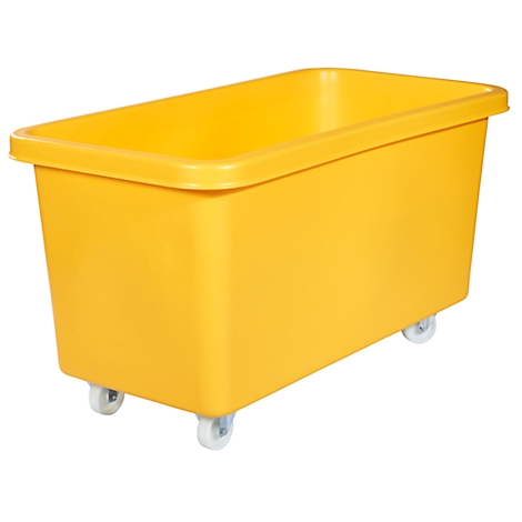 Yellow plastic box on wheels. Rectangular shape with slightly overlapping edge.