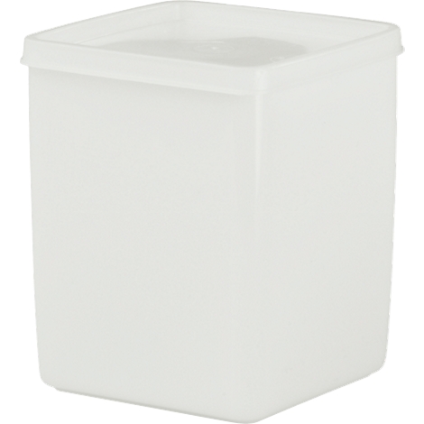 Square, white plastic box with lid. Rectangular shape with rounded edges, slightly transparent.