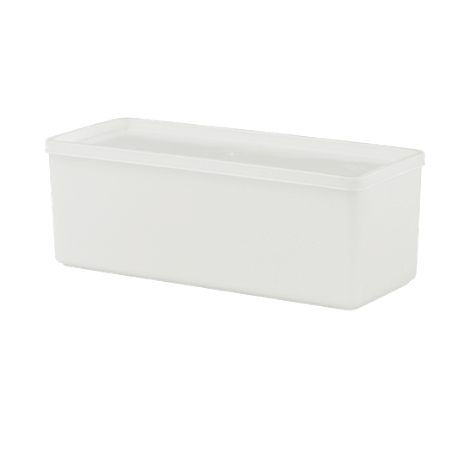 White rectangular container with lid on white background.