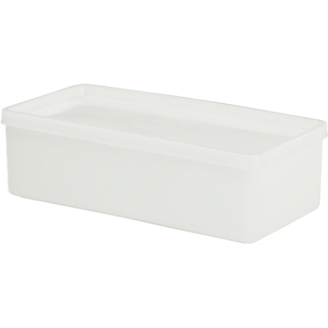 Rectangular, transparent storage box with lid. It is made of plastic and is shown against a neutral background.