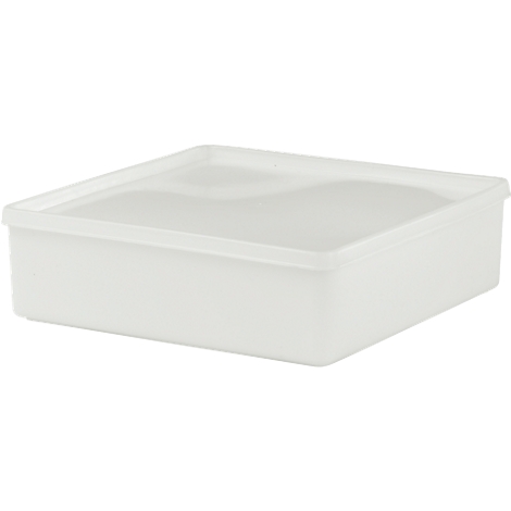 A rectangular, white plastic box with a lid. The lid rests loosely and overlaps the box edges.