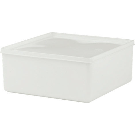 White, rectangular plastic box with transparent lid. On a neutral background.
