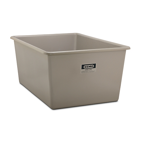 Beige plastic tub. A sticker with the company logo and lettering is on the side.