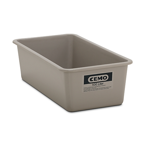Rectangular, beige plastic tub with the label "CEMO 500 Liters".