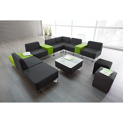 Gray, modern seating group with green elements, coffee table, and stools in front of a window.