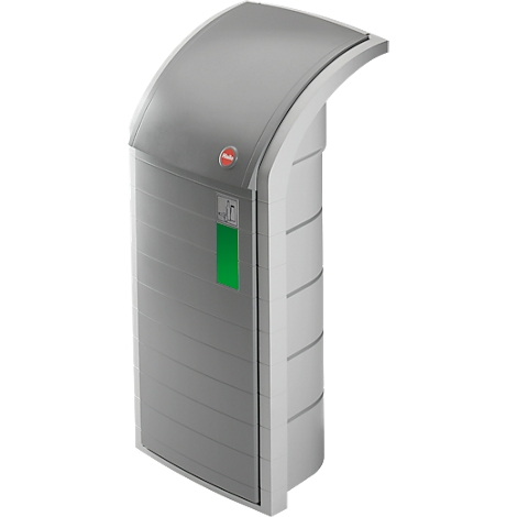 Gray waste container with curved lid, green field and red button.