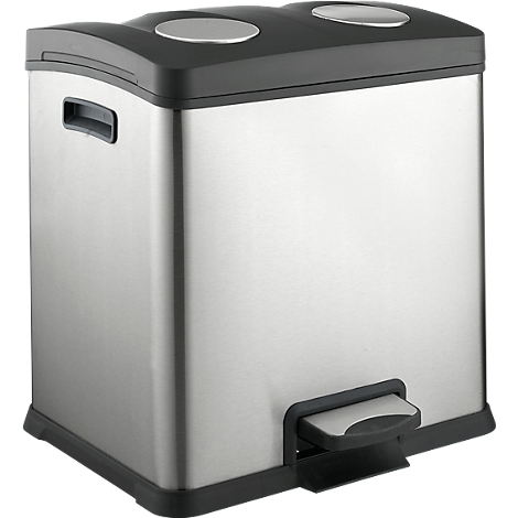 Rectangular stainless steel step trash can, with black lid and two openings. A foot pedal at the base.