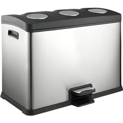 Gray trash can with three compartments, black lid, and foot pedal.