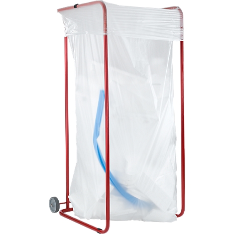 A red trash bag holder with a white trash bag that is half full. A blue object lies in the bag.