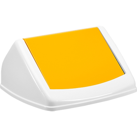 White trash can with yellow lid, angled view.
