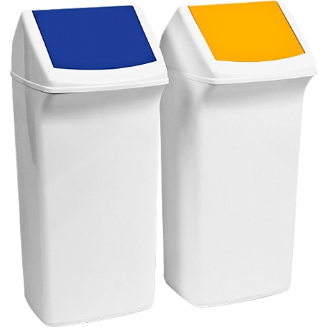 Two white trash cans with colored lids, one blue, one yellow.