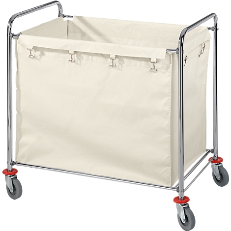 Laundry cart with a cream-colored fabric bag and metal frame on wheels. Bag secured with metal clips.